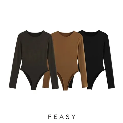 Damen Slim Fit Langarm Bodysuit Polyester Rundhalsausschnitt Einfarbig Streetwear Base Layer Top Für Den Alltag