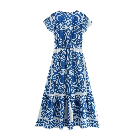 Abito Lungo da Donna Estivo con Scollo a V Stampato Blu Bianco Stile Porcellana Manica a Volant Vita Alta Boho a Trapezio