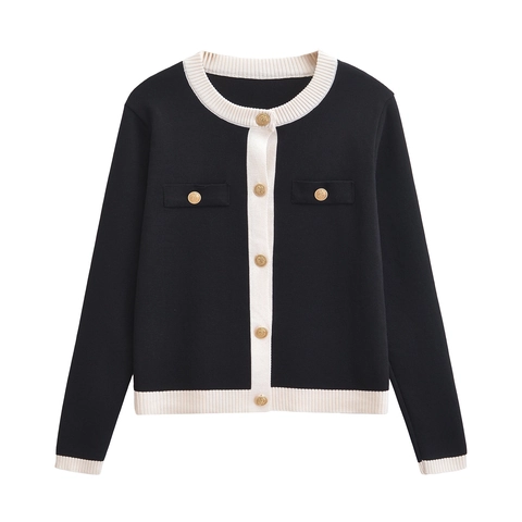 Women Elegant Contrast Trim Knit Cardigan Sweater Round Neck Long Sleeve Gold Button Casual Commute Vintage Knitwear Jacket Top