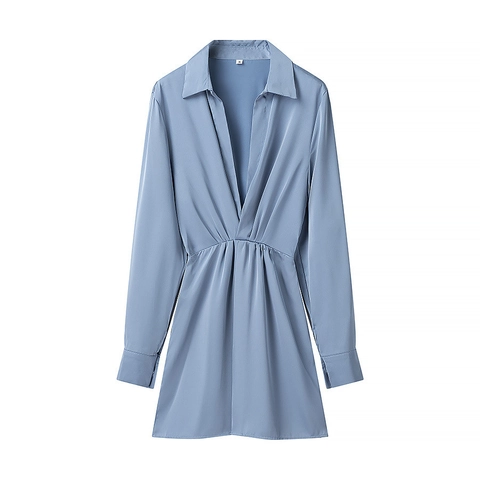 Mujer Elegante Escote en V Profundo Satén Manga Larga Mini Vestido Cintura Alta Plisado Línea A Color Sólido Moda Vestido de Fiesta