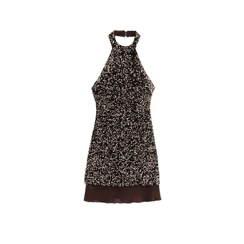 Donna Vestito con Scollo all'Americana con Paillettes Schiena Scoperta Sexy Senza Maniche Glitter Party Mini Abito Sera