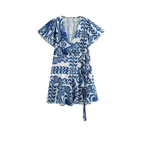 Robe Courte Portefeuille Femme Été Décontractée Imprimé Floral Bleu Blanc Col V Manches Courtes Volants Taille Haute Vacances Trapèze