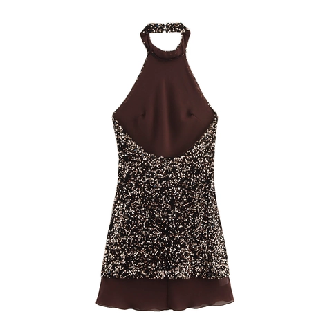 Donna Vestito con Scollo all'Americana con Paillettes Schiena Scoperta Sexy Senza Maniche Glitter Party Mini Abito Sera