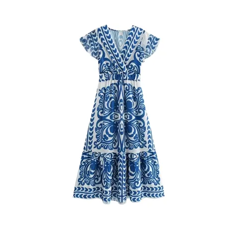 Abito Lungo da Donna Estivo con Scollo a V Stampato Blu Bianco Stile Porcellana Manica a Volant Vita Alta Boho a Trapezio