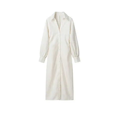 Robe Chemise Blanche Jacquard Élégante pour Femmes Manches Longues Col en V Boutonné Lien à la Taille Robe Maxi Mode Printemps