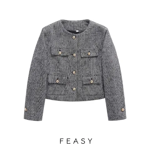 Damen Fischgrätenmuster Tweed Jacke Elegant Rundhals Goldknöpfe Kurzjacke Vintage Büro Party Oberbekleidung Mode