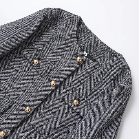 Damen Fischgrätenmuster Tweed Jacke Elegant Rundhals Goldknöpfe Kurzjacke Vintage Büro Party Oberbekleidung Mode
