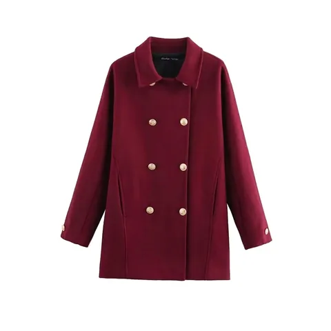 Dames Double Breasted Wollen Mix Jas Wijnrood Mode Revers Lange Mouw Bovenkleding Met Gouden Knoppen Voor Winter Kantoor