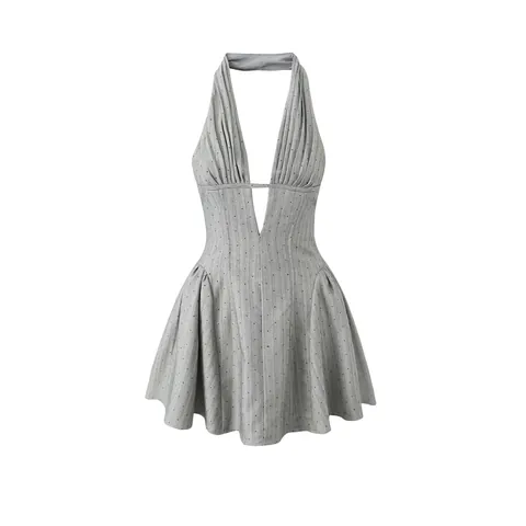 Dames Halternek Jurk Diepe V-Hals Rugvrij Mini Satijn Polyester Visgraat Stippen Geplooid Strik Elegante Feestjurk