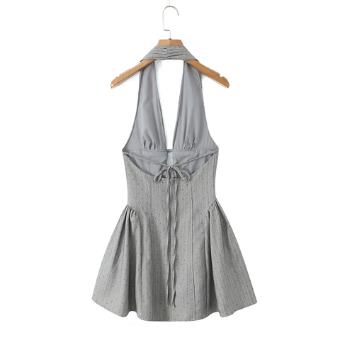 Dames Halternek Jurk Diepe V-Hals Rugvrij Mini Satijn Polyester Visgraat Stippen Geplooid Strik Elegante Feestjurk