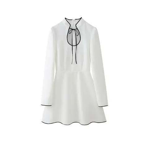 Dames Elegante Jurk Met Opstaande Kraag Lange Mouwen A-Lijn Mini Jurk Contrast Bies Strik Kantoor Witte Jurk