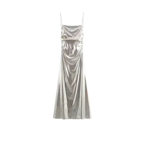 Abito Maxi Cami Plissettato in Foglia Metallica Argento da Donna Spalline Sottili Vita Alta Linea A Elegante Festa Sera Abito Lungo
