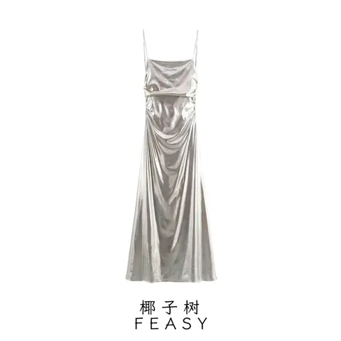 Damen Silber Metallische Folie Falten Cami Maxikleid Spaghetti-Träger Hohe Taille A-Linie Elegant Party Abend Langes Kleid