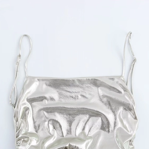 Damen Silber Metallische Folie Falten Cami Maxikleid Spaghetti-Träger Hohe Taille A-Linie Elegant Party Abend Langes Kleid