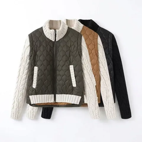 Women Quilted Patchwork Jacket Stand Collar Cable Knit Sleeve Contrast Color Nylon Zip Up Bomber Coat Fashion Outerwear