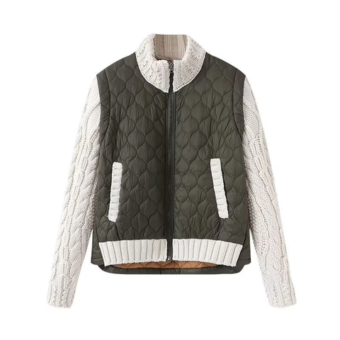 Women Quilted Patchwork Jacket Stand Collar Cable Knit Sleeve Contrast Color Nylon Zip Up Bomber Coat Fashion Outerwear