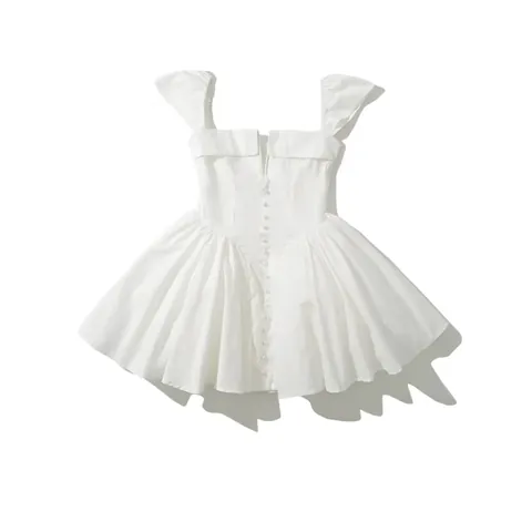 Women Elegant Solid White Mini Dress Square Neck Button Front Pleated Ruffle Sleeveless Slim Fit Sexy Short Sundress