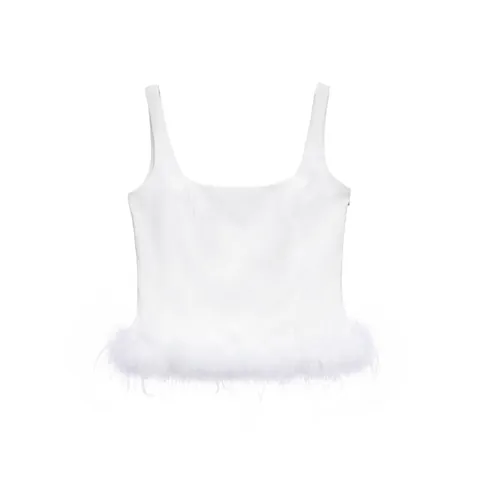 Women White Square Neck Feather Trim Camisole Crop Top Elegant Slim Fit Party Wear Sleeveless Backless Fashion Tank Top
