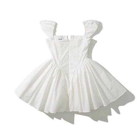Women Elegant Solid White Mini Dress Square Neck Button Front Pleated Ruffle Sleeveless Slim Fit Sexy Short Sundress