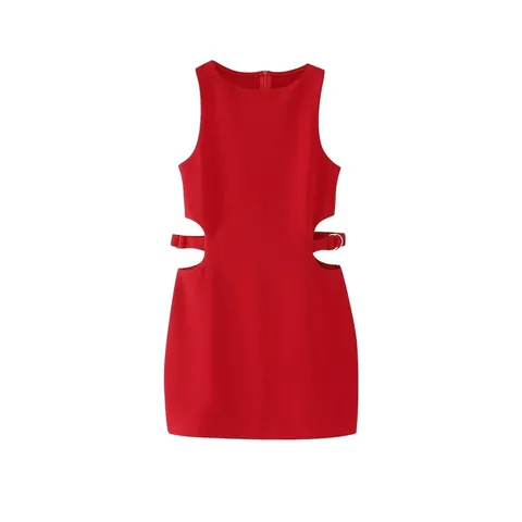 Women Red Sleeveless Mini Dress Elegant Round Neck High Waist Cut Out Design Metal Rings Slim Fit Fashion Party Dress