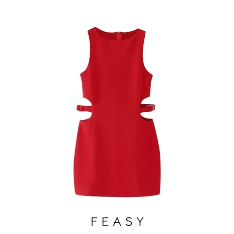 Robe Courte Sans Manches Rouge Pour Femme Col Rond Élégant Taille Haute Design Évidé Boucle Métallique Robe De Soirée Mode