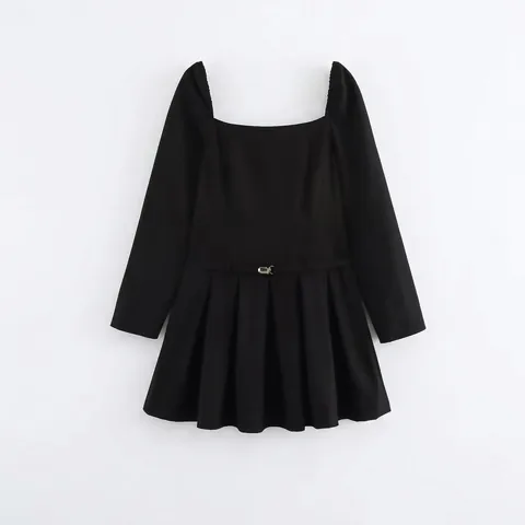 Vestido Mini Plisado Elegante Negro Para Mujer Cuello Cuadrado Manga Larga Con Cinturón Hebilla Metálica Chic De Cercanías
