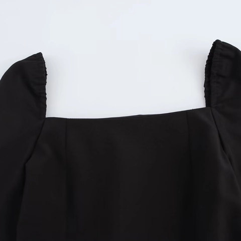 Vestido Mini Plisado Elegante Negro Para Mujer Cuello Cuadrado Manga Larga Con Cinturón Hebilla Metálica Chic De Cercanías