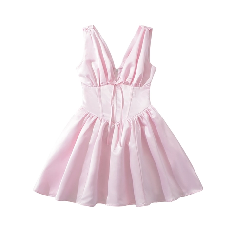 Women Deep V Neck Sleeveless Satin Dress Sexy Corset Style Ruched Mini A-Line Party Short Dress Pink Black Solid Color