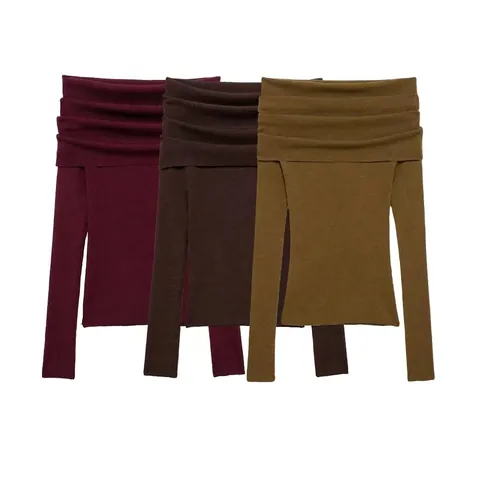 Haut en Tricot à Côtes Épaules Dénudées pour Femmes Pull-over Manches Longues Coupe Slim Élégant Streetwear Pull en Tricot de Couleur Unie
