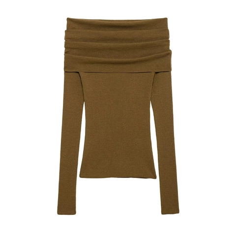 Haut en Tricot à Côtes Épaules Dénudées pour Femmes Pull-over Manches Longues Coupe Slim Élégant Streetwear Pull en Tricot de Couleur Unie
