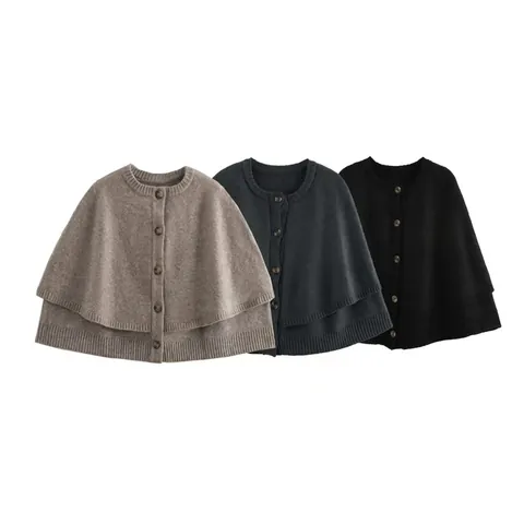 Cape Poncho en Tricot Élégante pour Femmes Col Rond Boutonné Ourlet Double Couche Tricots Pull Streetwear Vêtements de Dessus Top