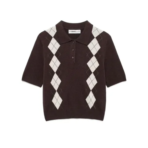 Polo de Punto Vintage Argyle para Mujer de Manga Corta Con Botones Jersey Casual Marrón a Cuadros para Uso Diario