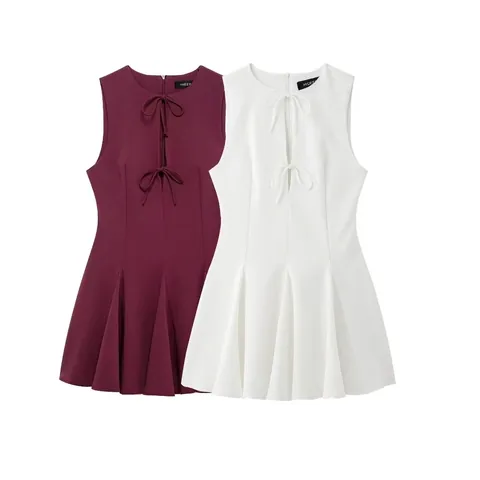 Vestido Corto Sin Mangas Plisado Para Mujer Cuello Redondo Lazo Frontal Abertura Línea A Color Sólido Elegante Casual Fiesta