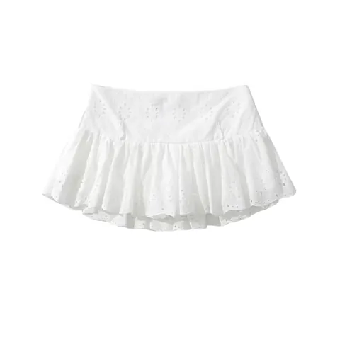 Women's White Cotton Lace Eyelet Embroidery Skort Mini Pleated Ruffle Short Skirt With Invisible Zipper Sweet Spicy Style