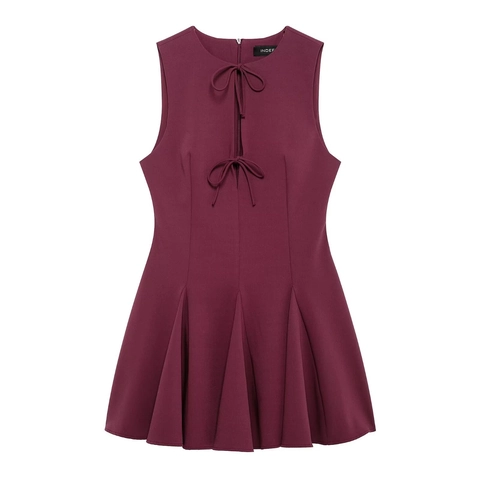 Vestido Corto Sin Mangas Plisado Para Mujer Cuello Redondo Lazo Frontal Abertura Línea A Color Sólido Elegante Casual Fiesta