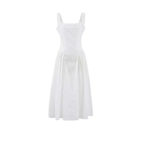 Elegant White Square Neck Backless Midi Dress For Women Summer Sleeveless Pleated A-Line High Waist Strap Dress For Dating Party