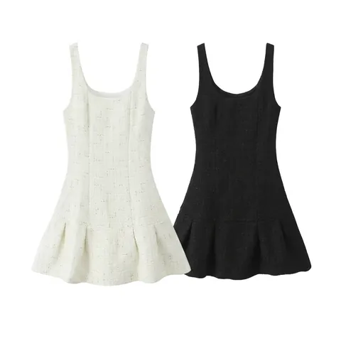 French Style Square Neck Sleeveless Tweed Texture Mini Dress For Women Elegant A-Line Pleated Hem Solid Color Party Dress