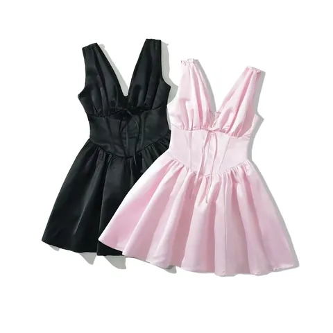 Vestido de Satén Sin Mangas con Escote en V Profundo para Mujer Estilo Corsé Sexy Mini Vestido de Fiesta de Corte en A Rosa Negro Color Sólido
