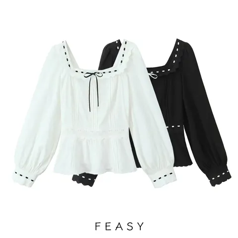 Damen Quadratischer Ausschnitt Spitzenbluse Französischer Stil Puffärmel Stickerei Hemd Elegantes Schößchen Taille Top Für Damen