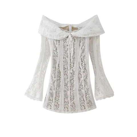 Elegant White Lace Off Shoulder Long Bell Sleeve Midi Bodycon Dress For Women Slim Fit Chic Floral Evening Party Wear