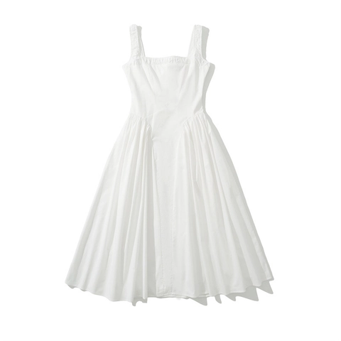 Elegant White Square Neck Backless Midi Dress For Women Summer Sleeveless Pleated A-Line High Waist Strap Dress For Dating Party
