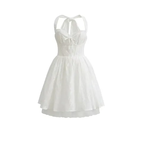 Vestido Mini de Encaje Bordado con Cuello Halter Blanco Estilo Campestre Francés Lazo Escote Corazón Corte A para Fiesta