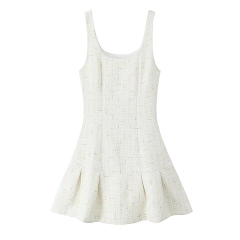 French Style Square Neck Sleeveless Tweed Texture Mini Dress For Women Elegant A-Line Pleated Hem Solid Color Party Dress