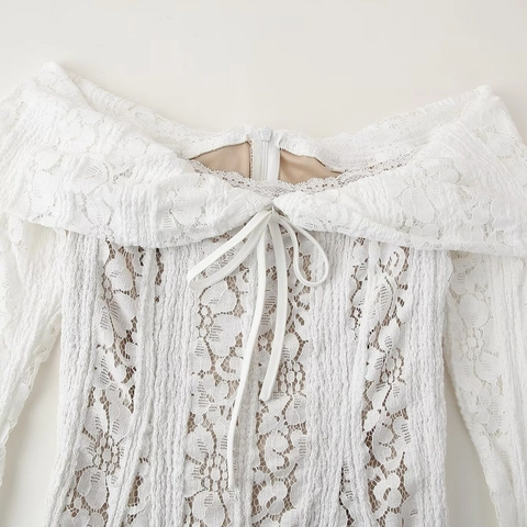 Elegant White Lace Off Shoulder Long Bell Sleeve Midi Bodycon Dress For Women Slim Fit Chic Floral Evening Party Wear