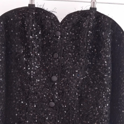 Women Sequin Tassel Tube Top Strapless Sweetheart Neck Backless Party Clubwear Sexy Black Slim Fit Crop Top For Women