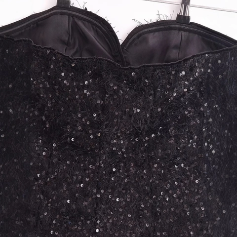 Women Sequin Tassel Tube Top Strapless Sweetheart Neck Backless Party Clubwear Sexy Black Slim Fit Crop Top For Women