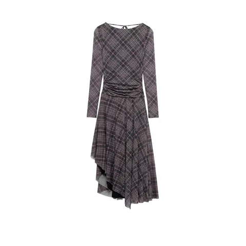 Women's Plaid Mesh Long Sleeve Maxi Dress Elegant Backless Deep V Ruched Bodycon Asymmetric Hem Party Streetwear Dress