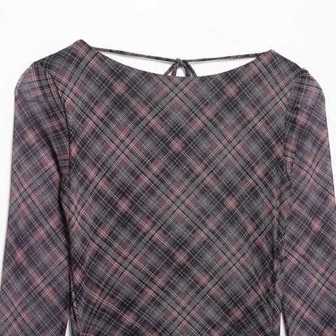 Women's Plaid Mesh Long Sleeve Maxi Dress Elegant Backless Deep V Ruched Bodycon Asymmetric Hem Party Streetwear Dress