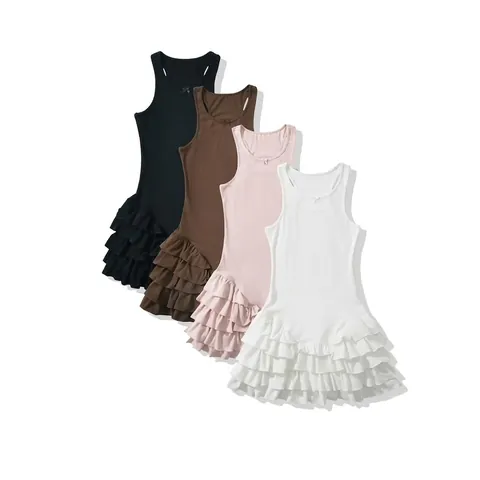 Vestido Corto Sin Mangas con Volantes Escalonados para Mujer Cuello Redondo Color Sólido Línea A para Fiesta con Lazo