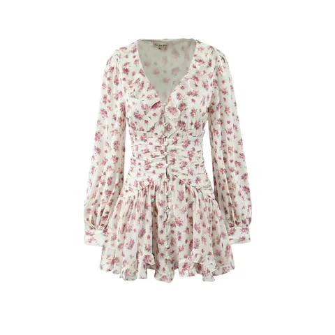 Damen Floral Rüschen V Ausschnitt Langarm Mini Kleid Polyester Pullover Gerafft Mehrlagig A Linie Streetwear Mode Kurz Kleid